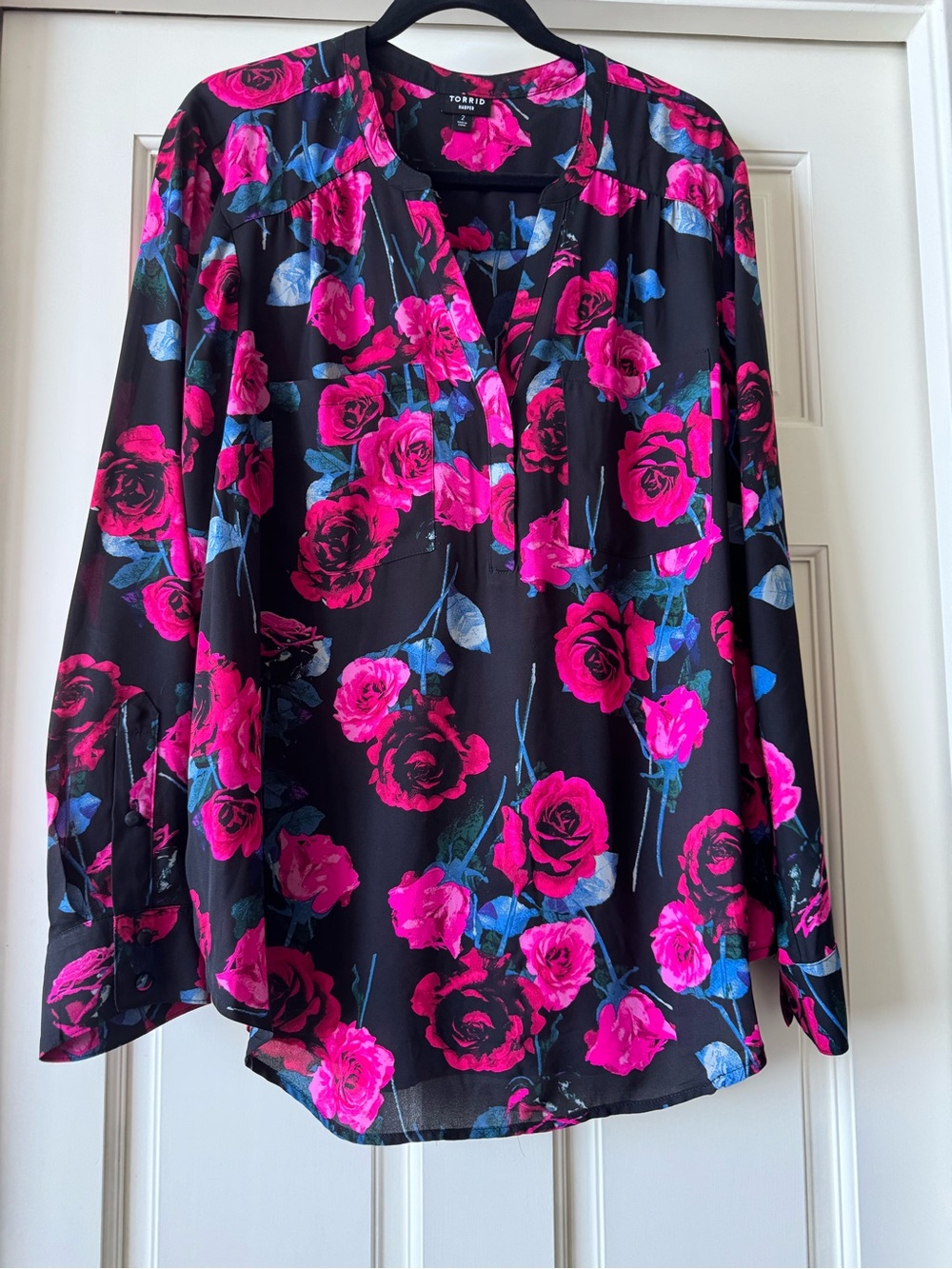 Torrid Black Floral Split-Neck Blouse in Hot Pink - Picture 1 of 4